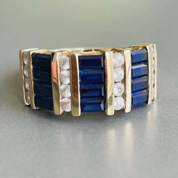 Jewelry - Estate 14K Gold Sapphire & White Topaz 4 Row Geometric Cocktail Ring Sig…